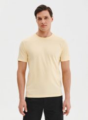 PAKO LORENTE – Bawełniany żółty t-shirt. Żółte t-shirty Pako Lorente, xl, bez wzorów, z bawełny, bez kołnierzyka, bez ramiączek. Za 39.99 zł.