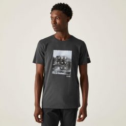 Breezed IV Graphic Print męska koszulka. Szare t-shirty sportowe Regatta, bez wzorów, z bawełny, bez ramiączek, trekkingowe. W wyprzedaży za 65.70 zł.