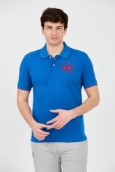 LA MARTINA Niebieskie polo z dużym logo. Niebieskie koszulki polo La Martina, m, bez wzorów, bez kołnierzyka, bez ramiączek. W wyprzedaży za 429.99 zł.
