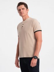 Koszulka męska polo bez kołnierzyka - beżowa V5 OM-TSCT-0156 - XXL. Brązowe koszulki polo sportowe Ombre Clothing, l, bez wzorów, z bawełny, bez kołnierzyka, bez ramiączek. W wyprzedaży za 39.99 zł.