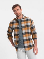 Flanelowa koszula męska w kratę - żółto-czarna V2 OM-SHCS-0150 - S. Żółte koszule Ombre Clothing, m, bez wzorów, z bawełny, bez kołnierzyka, bez ramiączek. W wyprzedaży za 79.99 zł.