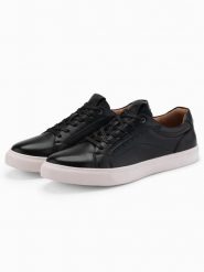 Buty męskie sneakersy ze skóry ekologicznej – czarne V2 OM-FOCS-0179 - 45. Czarne buty sportowe casual Ombre Clothing, z aplikacjami, z gumy, bez zapięcia. Za 299.99 zł.