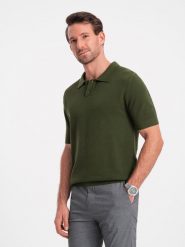 Bawełniana koszulka męska polo ze strukturalnej dzianiny – oliwkowa V1 OM-POSS-0117 - XXL. Zielone koszulki polo sportowe Ombre Clothing, l, bez wzorów, z bawełny, bez kołnierzyka, bez ramiączek. W wyprzedaży za 129.99 zł.