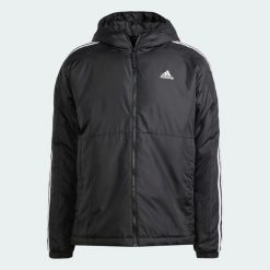 Kurtka Essentials 3-Stripes Insulated Hooded. Czarne kurtki Adidas, na zimę, uniwersalny, bez wzorów, z materiału, z kapturem. Za 399.00 zł.