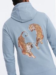 Bluza męska hoodie z nadrukiem na plecach - niebieska V1 - Rozmiar: XL. Niebieskie bluzy Ombre Clothing, m, bez wzorów, bez kaptura. W wyprzedaży za 29.99 zł.