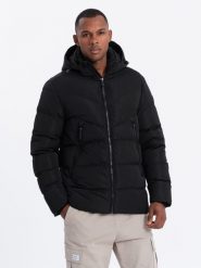 Kurtka męska zimowa z nietypowym pikowaniem - czarna V3 OM-JAHP-0127 - S. Czarne kurtki Ombre Clothing, na zimę, m, bez wzorów, z polaru, bez kaptura. W wyprzedaży za 169.99 zł.