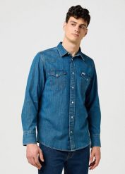 MESKA KOSZULA WRANGLER WESTERN SHIRT OLIVE BREEZE 112371572. Zielone koszule Wrangler, xl, bez wzorów, z jeansu, bez kołnierzyka, bez ramiączek. Za 199.99 zł.