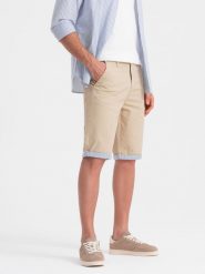 Szorty męskie chinosy z kontrastowym podwinięciem – piaskowe V10 W421 - XXL. Niebieskie szorty Ombre Clothing, m, bez wzorów, z bawełny, biznesowe. W wyprzedaży za 99.99 zł.