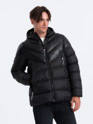 Nowoczesna pikowana kurtka męska z łączonych materiałów – czarna V1 OM-JAHP-0145 - S. Czarne kurtki Ombre Clothing, m, bez wzorów, z materiału, bez kaptura. W wyprzedaży za 169.99 zł.