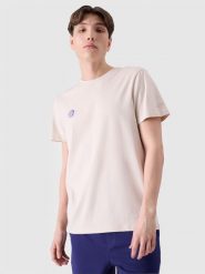 4F T-shirt regular z nadrukiem męski - beżowy S. Brązowe t-shirty 4F, m, bez wzorów, z bawełny, bez kołnierzyka, bez ramiączek. Za 39.99 zł.