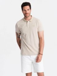 Melanżowa koszulka męska polo z kołnierzykiem w paski – piaskowa V4 OM-POSS-0109 - S. Koszulki polo sportowe Ombre Clothing, m, z aplikacjami, z bawełny, bez kołnierzyka, bez ramiączek. W wyprzedaży za 49.99 zł.