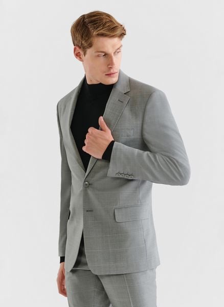 PAKO LORENTE – Szara marynarka garniturowa w delikatną kratę. Szare garnitury Pako Lorente, na komunię, m, bez wzorów, z lycry. Za 649.99 zł.