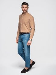 Lniana koszula męska ze stójką i kieszenią REGULAR FIT – jasnobrązowa V7 - Rozmiar: L. Brązowe koszule Ombre Clothing, na lato, l, bez wzorów, z bawełny, bez kołnierzyka, bez ramiączek. Za 219.99 zł.