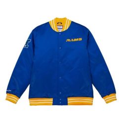 Gruba satynowa kurtka Los Angeles Rams. Niebieskie kurtki Mitchell & Ness, s, bez wzorów, z satyny, bez kaptura. Za 559.00 zł.