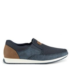 Półbuty Rieker. Niebieskie eleganckie półbuty Rieker, bez wzorów, bez obcasa, bez zapięcia. Za 329.99 zł.
