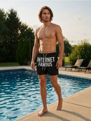 Szorty kąpielowe z napisem Internet Famous - czarny. Czarne krótkie spodenki sportowe Sinsay, l, bez wzorów. W wyprzedaży za 14.99 zł.