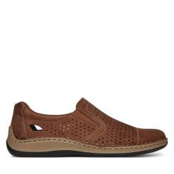 Półbuty Rieker. Brązowe eleganckie półbuty Rieker, bez wzorów, bez obcasa, bez zapięcia. Za 349.99 zł.