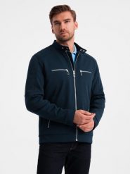 Męska kurtka typu biker ze stójką i kieszeniami – granatowa V1 OM-JALP-0157 - XXL. Niebieskie kurtki Ombre Clothing, l, bez wzorów, z materiału, bez kaptura. W wyprzedaży za 139.99 zł.