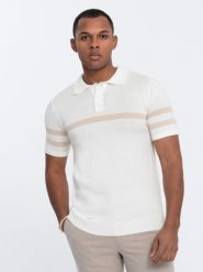 Męska koszulka polo z miękkiej dzianiny z kontrastowymi pasami - kremowa V3 OM-POSS-0118 - XXL. Białe koszulki polo sportowe Ombre Clothing, l, bez wzorów, z dzianiny, bez kołnierzyka, bez ramiączek. W wyprzedaży za 129.99 zł.
