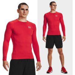 Koszulka męska termoaktywna UNDER ARMOUR HeatGear długi rękaw. Czerwone bielizna termoaktywna Under Armour, m, bez wzorów, bez ramiączek, do biegania. Za 159.99 zł.