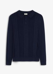 Sweter polo z czystej bawełny. Niebieskie swetry nierozpinane bonprix, m, bez wzorów, z bawełny, bez kołnierzyka, bez ramiączek. Za 129.99 zł.