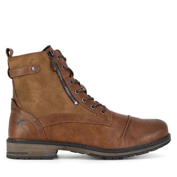 Trzewiki Mustang. Brązowe botki sznurowane Mustang, bez wzorów, bez obcasa, bez zapięcia. Za 379.99 zł.