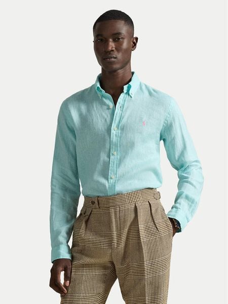 Polo Ralph Lauren Koszula 710968915501 Turkusowy Slim Fit. Niebieskie koszule Polo Ralph Lauren, m, bez wzorów, ze lnu, bez kołnierzyka, bez ramiączek. Za 661.99 zł.