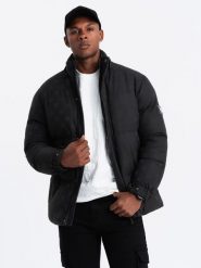Wzorzysta żakardowa męska kurtka typu puffer – czarna V1 OM-JAHP-0195 - XXL. Czarne kurtki Ombre Clothing, na zimę, l, z aplikacjami, z materiału, bez kaptura. W wyprzedaży za 289.99 zł.