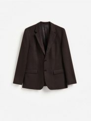 Marynarka slim fit z dodatkiem wiskozy - ciemnobrązowy. Brązowe garnitury Reserved, l, bez wzorów, z tkaniny. Za 379.99 zł.