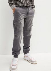 Joggery jeansowe o kroju regular fit z elastyczną gumką w talii, prosta nogawka. Szare jeansy bonprix, m, bez wzorów, z bawełny, eleganckie. Za 169.99 zł.