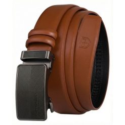 Skórzany pasek męski w jasnobrązowym kolorze z automatyczną, czarną klamrą Peterson PTN A011-AB TAN. Brązowe paski Peterson, bez wzorów, ze skóry, eleganckie. Za 59.99 zł.