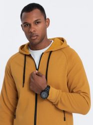Bluza męska rozpinana z kapturem - musztardowa V7 OM-SSZP-0124 - XL. Żółte bluzy Ombre Clothing, m, bez wzorów, z bawełny, z kapturem. W wyprzedaży za 59.99 zł.