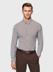 PAKO LORENTE - Brązowa koszula męska w prążek. Brązowe koszule Pako Lorente, na wiosnę, l, bez wzorów, z elastanu, bez kołnierzyka, bez ramiączek. Za 299.99 zł.