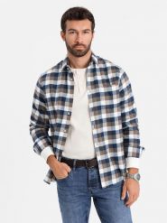 Klasyczna flanelowa męska koszula bawełniana w kratę - brązowo-granatowa V1 OM-SHCS-0157 - XL. Niebieskie koszule Ombre Clothing, l, bez wzorów, z bawełny, bez kołnierzyka, bez ramiączek. W wyprzedaży za 59.99 zł.