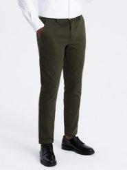 Spodnie męskie chino SLIM FIT z delikatną teksturą - ciemnooliwkowe V4 - Rozmiar: XXL. Zielone eleganckie spodnie Ombre Clothing, m, z bawełny. W wyprzedaży za 199.99 zł.