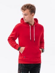Bluza męska z kapturem BASIC - czerwona V5 OM-SSBN-0120 - S. Czerwone bluzy Ombre Clothing, m, bez wzorów, z bawełny, z kapturem. Za 34.79 zł.