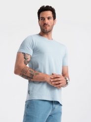 T-shirt męski klasyczny bawełniany BASIC - jasnoniebieski V19 OM-TSBS-0146 - XL. Niebieskie t-shirty Ombre Clothing, l, bez wzorów, z bawełny, bez kołnierzyka, bez ramiączek. W wyprzedaży za 24.99 zł.