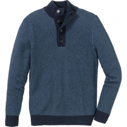 Sweter ze stójką z bawełny z recyclingu bonprix ciemnoniebiesko-niebieski dżins melanż. Swetry nierozpinane marki bonprix. Za 69.99 zł.