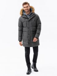 Kurtka męska parka zimowa z kieszeniami cargo - grafitowa V1 C547 - L. Szare kurtki Ombre Clothing, na zimę, l, bez wzorów, z syntetyku, bez kaptura. W wyprzedaży za 139.99 zł.