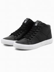 Buty męskie sneakersy za kostkę z kontrastową podeszwą - czarne V6 OM-FOTH-0124 - 41. Czarne buty sportowe casual Ombre Clothing, na jesień, bez wzorów, z materiału, za kostkę, bez zapięcia. W wyprzedaży za 69.99 zł.