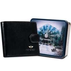 Czarny, duży portfel męski wykonany ze skóry naturalnej i zamykany na zatrzask - Peterson. Czarne portfele Peterson, bez wzorów, ze skóry. Za 129.99 zł.