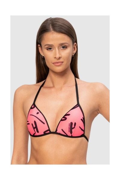 MOSCHINO Różowa góra od bikini w litery, Rozmiar XS. Czerwone paski MOSCHINO, bez wzorów. W wyprzedaży za 159.99 zł.