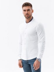 Koszula męska dzianinowa z długim rękawem - biała V1 K542 - XXL. Białe koszule Ombre Clothing, m, bez wzorów, z dzianiny, bez kołnierzyka, bez ramiączek. W wyprzedaży za 49.99 zł.