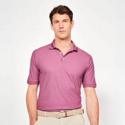 Koszulka polo do golfa z krótkim rękawem męska Inesis WW500. Fioletowe koszulki polo sportowe INESIS, l, bez wzorów, z materiału, bez kołnierzyka, bez ramiączek, na golfa. Za 79.99 zł.
