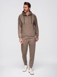 Dresowy komplet męski set bluza rozpinana z kapturem + spodnie dresowe joggery - szarobrązowy V3. Szare bluzy Ombre Clothing, m, bez wzorów, z dresówki, biznesowe. Za 409.99 zł.