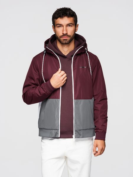 Lekka męska kurtka regular fit z podszewką i kapturem - bordowo-szara V3 - Rozmiar: S. Szare kurtki Ombre Clothing, m, bez wzorów, z jeansu, z kapturem. Za 319.99 zł.