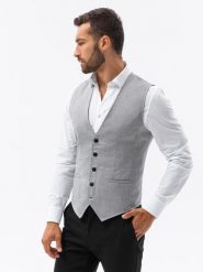 Kamizelka męska garniturowa - jasnoszara V1 V56 - XXL. Szare garnitury Ombre Clothing, m, bez wzorów, z poliesteru. W wyprzedaży za 99.99 zł.