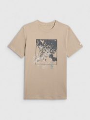 4F T-shirt regular z nadrukiem męski - beżowy S. Brązowe t-shirty 4F, m, bez wzorów, z bawełny, bez kołnierzyka, bez ramiączek. Za 69.99 zł.