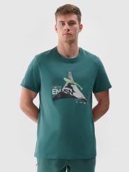 4F T-shirt regular z nadrukiem męski - zielony S. Zielone t-shirty 4F, m, bez wzorów, z bawełny, bez kołnierzyka, bez ramiączek. W wyprzedaży za 39.99 zł.