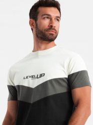 T-shirt męski bawełniany trójkolorowy z logo - czarno-grafitowy V2 S1747 - M. Czarne t-shirty Ombre Clothing, m, bez wzorów, z bawełny, bez kołnierzyka, bez ramiączek. W wyprzedaży za 39.99 zł.